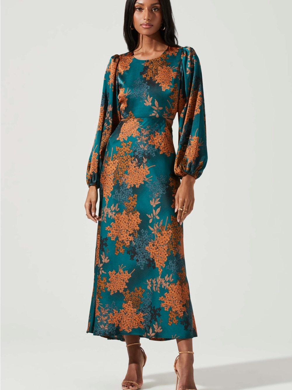 Astr Teal Floral Midi Dress with Open Back
